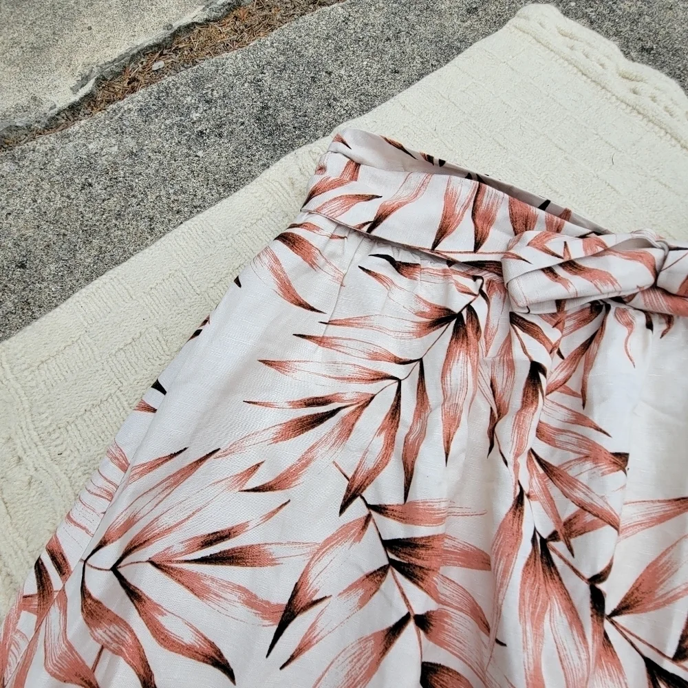 Ann Taylor Tie-Waist Linen Blend Midi Skirt Palm Leaf Print size L Maroon Ivory
